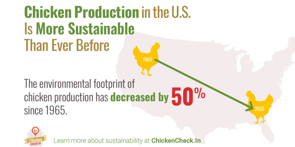 The Environmental Footprint of Chicken Production has Decreased by 50% since 1965.